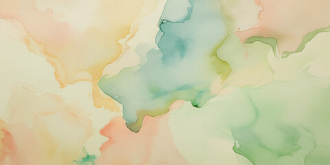 Abstract soft water color background with light pink, peach, yellow, and pale blue, with gentle gradients and fluid brushstrokes creating a dreamy, ethereal effect.