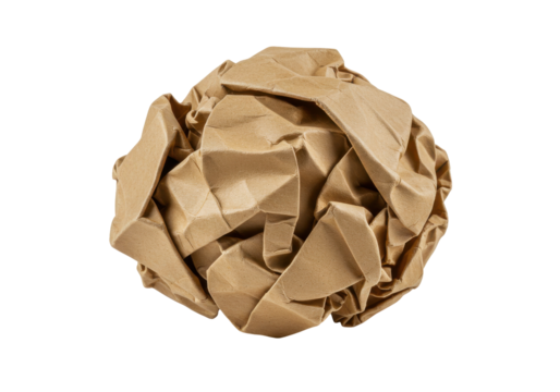 Crumpled brown paper ball isolated on white background, symbolizing waste and recycling