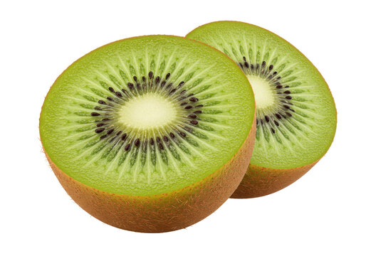 Freshly sliced kiwi halves showcasing vibrant green flesh and black seeds