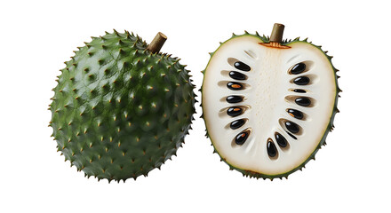 Spiky Green Soursop Fruit Halved to Reveal Black Seeds and Creamy Flesh.