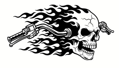 Vector style black and white illustration logo of an evil skull with motorcycle handlebars sticking out of the head, death, Halloween, scary, biker, gang, death, tattoo, biker skull, horror, bones