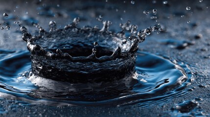 Close-up of a water droplet impacting a dark surface, creating a crown splash and concentric ripples