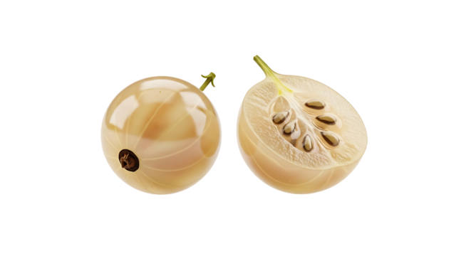 Translucent Gooseberries Whole and Sectioned Revealing Seeds and Texture.
