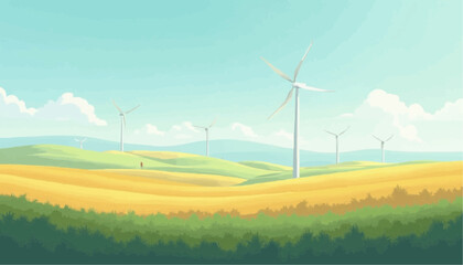 Fototapeta premium Wind Turbines in Scenic Green and Yellow Countryside Under Bright Blue Sky
