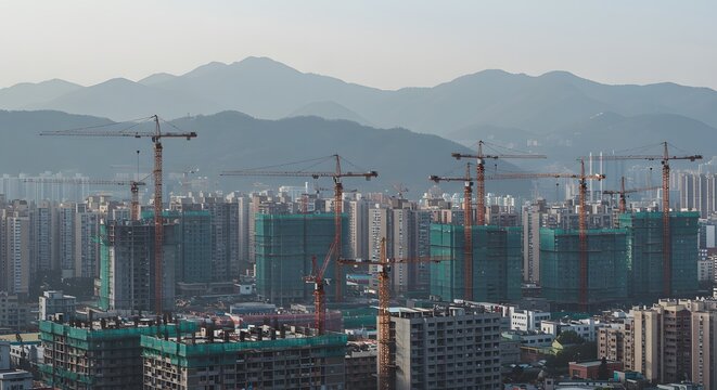 Urban Construction Site Cranes Against a Misty Mountain Range.