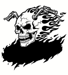 Vector style black and white illustration logo of an evil skull with motorcycle handlebars sticking out of the head, death, Halloween, scary, biker, gang, death, tattoo, biker skull, horror, bones