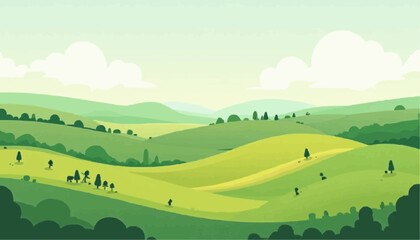 Obraz premium Bright Green Rolling Hills Landscape with Trees and Clouds in Soft Pastel Colors
