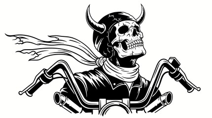 Vector style black and white illustration logo of an evil skull with horns, scarf behind motorcycle handlebars, death, Halloween, scary, biker, gang, death, tattoo, biker skull, horned skull, horror