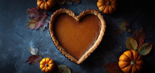 Fototapeta premium The heart-shaped pumpkin pie decorated with autumn leaves and mini pumpkins.