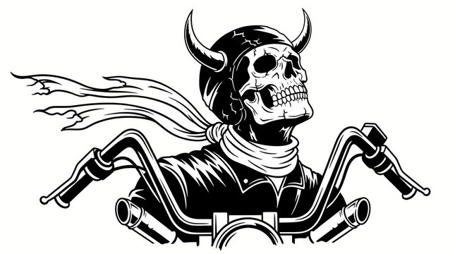 Vector style black and white illustration logo of an evil skull with horns, scarf behind motorcycle handlebars, death, Halloween, scary, biker, gang, death, tattoo, biker skull, horned skull, horror