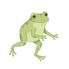 Obraz premium Cheerful green frog with a happy expression standing upright, looking forward in a cartoon illustration against a white backdrop