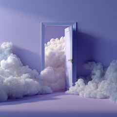 Dreamlike modern composition of a doorway built into a soft purple wall, opening into thick fluffy clouds, representing hope, imagination, and surreal artistry