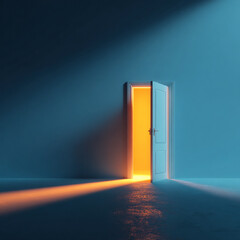 Contemporary room interior featuring a closed blue wall with an open glowing door, warm golden light illuminating the smooth floor, creating a stylish abstract scene of imagination and creativity