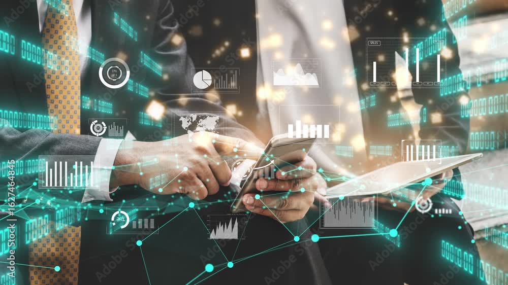 Poster a business professional focused on using technology to analyze data and metrics, surrounded by visua