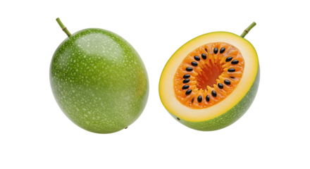 Vibrant Green Passion Fruit Whole and Halved Detailed Seeds Visible.