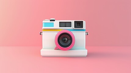 Fototapeta premium Colorful Retro Instant Camera with Pink Lens Pastel Background - Vintage Photography Art