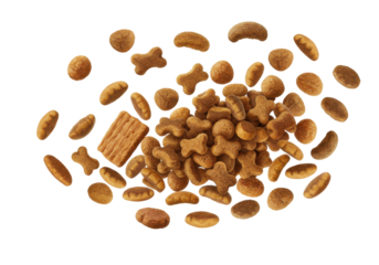 A colorful assortment of pet treats scattered on a white background, ideal for pet owners