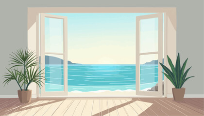 Fototapeta premium Open Ocean View Through Bright Windows with Potted Plants in Contemporary Room