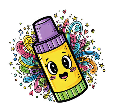 An adorable cartoon illustration of a happy yellow glue stick surrounded by a burst of vibrant, hand-drawn swirls, hearts, and musical notes. PNG with transparent background