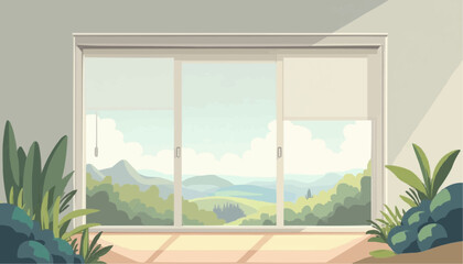Fototapeta premium Bright Modern Living Room with Large Sliding Glass Doors and Scenic Mountain View