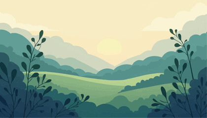 Fototapeta premium Serene Green Landscape Illustration of Rolling Hills and Sunrise in Soft Pastel Colors