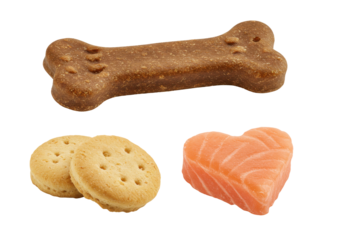 A variety of pet treats including a bone-shaped snack, salmon heart, and round cookies on a white background