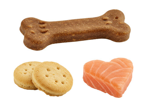 A variety of pet treats including a bone-shaped snack, salmon heart, and round cookies on a white background