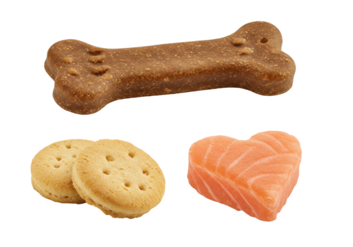 A variety of pet treats including a bone-shaped snack, salmon heart, and round cookies on a white background