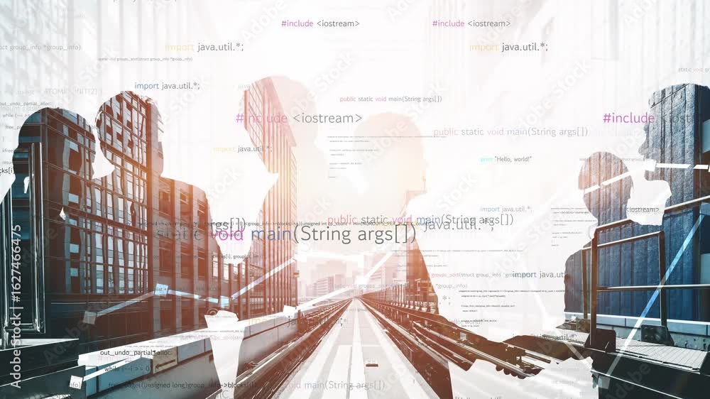 Poster this image showcases a futuristic city skyline intertwined with elements of programming code, symbol