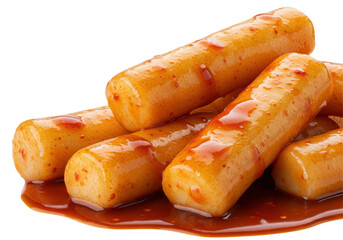 Delicious golden rice cakes drizzled with spicy sauce on a white background