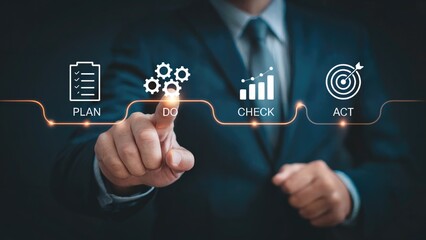 Businessman interacts with digital process flow chart demonstrating PDCA cycle for business improvement