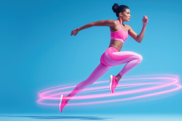 Fototapeta premium futuristic fitness woman jumping with glowing energy trails.