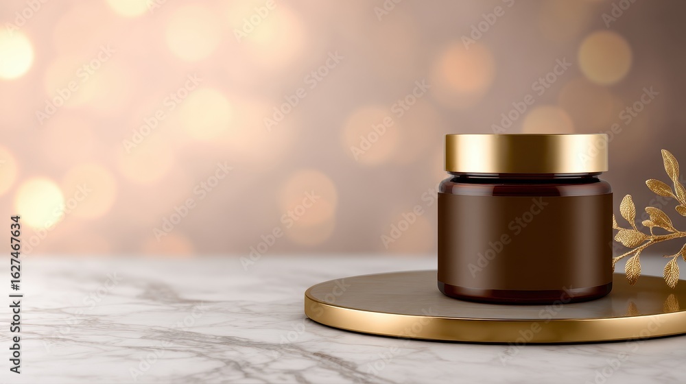 Poster elegant brown jar with golden lid placed on a marble surface, surrounded by soft bokeh lights in the