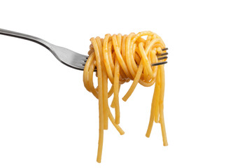 A close-up of a fork holding a twirled portion of spaghetti against a plain background