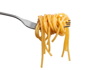 A close-up of a fork holding a twirled portion of spaghetti against a plain background