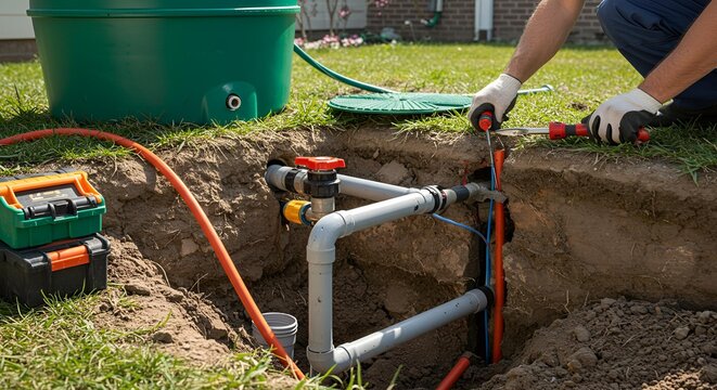 Technician Repairing Irrigation System in Yard