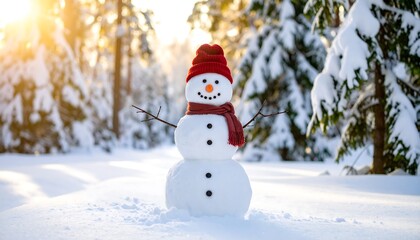 Fototapeta premium Snowman in snowy forest at sunset