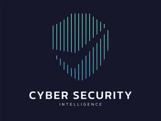Cyber security intelligence data protection shield with overlapping checklist in lines shield technology vector logo design concept. Abstract shield security icon logotype symbol for ID protection.