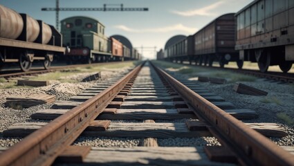 Obraz premium Low-Angle View of Railway Tracks with Freight Trains in Industrial Rail Yard