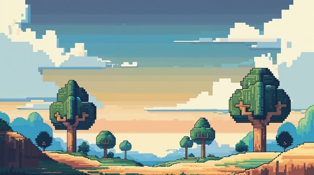 Pixel Art Landscape with Blocky Trees, Grassy Terrain, and Vibrant Sunset Sky