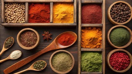 Colorful assortment of dried spices and herbs in wooden compartments