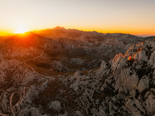 Majstorska road road at mountain Velebit in summer time in Croatia near croatia sea. Rocky peak of...