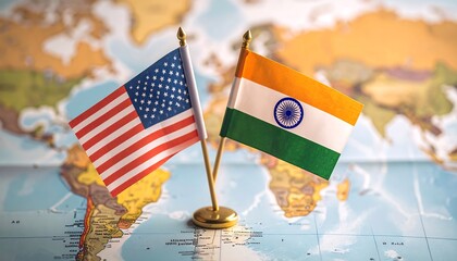 Flags of USA and India on world map