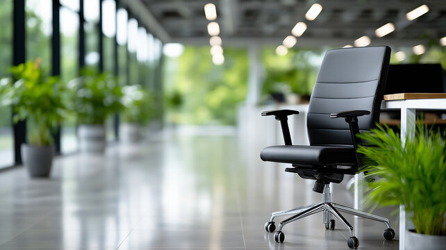 Defocused wide-angle view of modern corporate office interior with contemporary workstations, ergonomic chairs, large glass windows, and natural daylight for professional business presentation backgro
