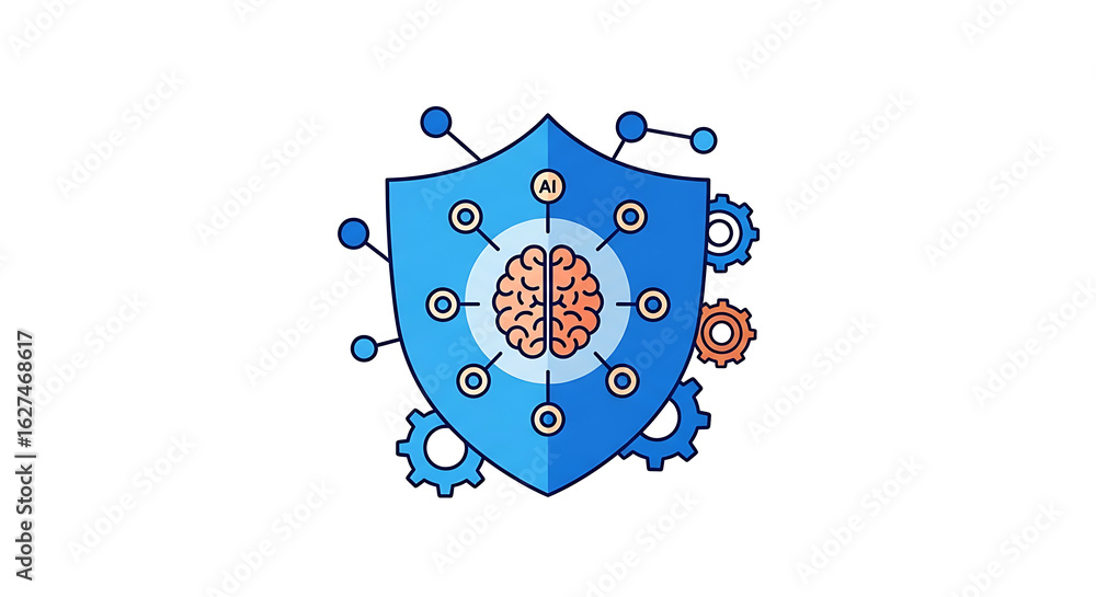 Aufkleber illustration of a brain inside a shield with ai text and gears around it on a white background