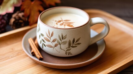 Fototapeta premium Cozy autumn scene featuring a beautifully crafted cup of spiced beverage on a wooden tray with leaves