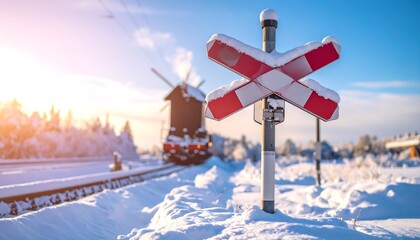 Snow-covered railroad crossing sign with a vintage train and windmill in winter