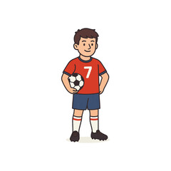 Cheerful cartoon boy soccer player holding a football. An isolated vector illustration representing youth sports, teamwork, and a healthy, active lifestyle.
