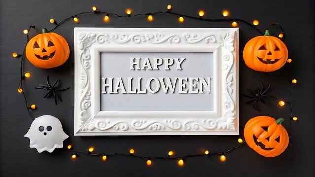 Happy halloween text in white frame with pumpkins, ghost and lights on black background