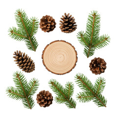 Multiple vibrant green fir branches, natural brown pine cones, and a circular wood slice meticulously arranged on a seamless transparent background from a top-down view with bright studio lighting,